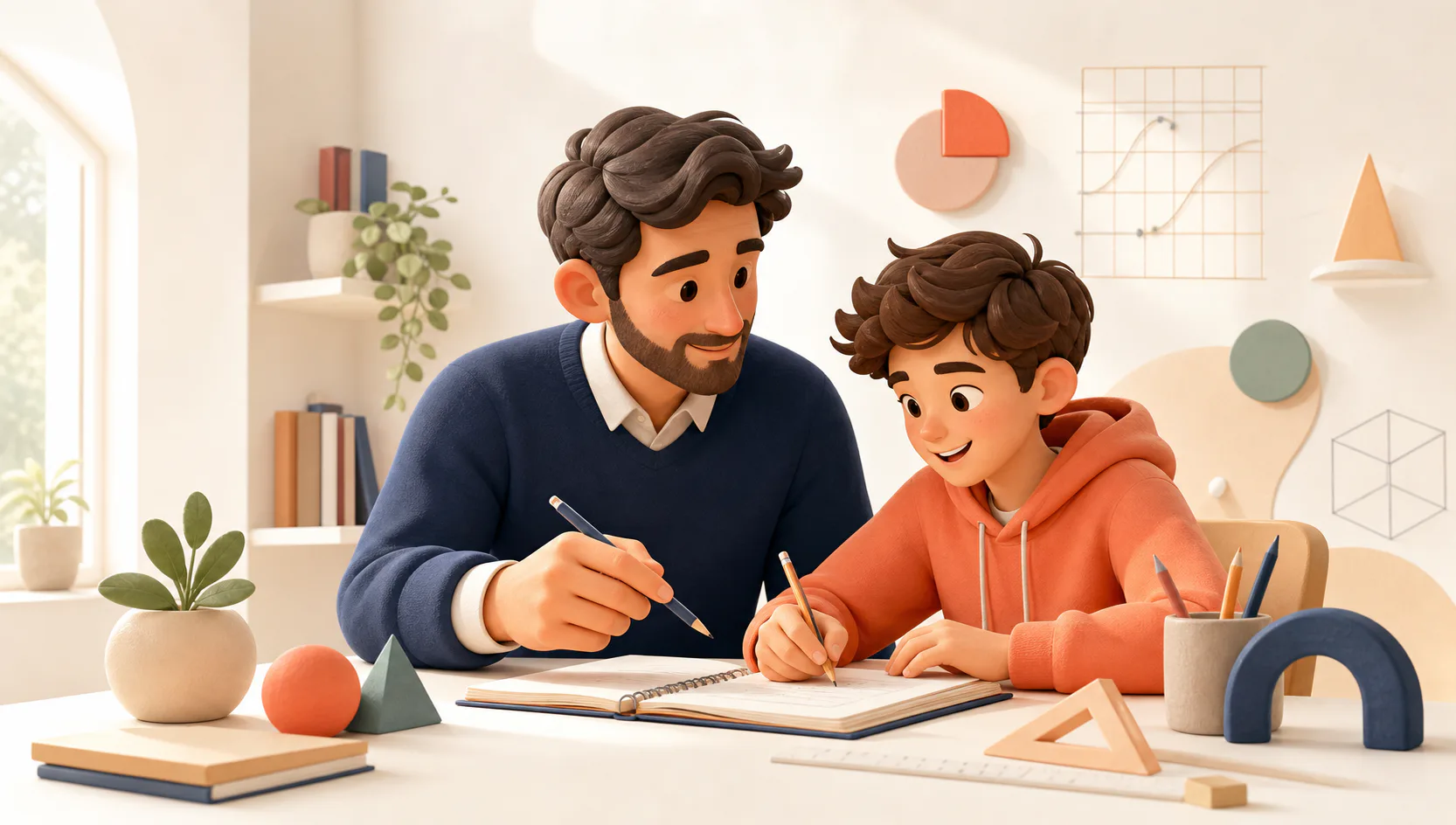 Öğrencisiyle birlikte matematik sorusu çözen öğretmen illüstrasyonu